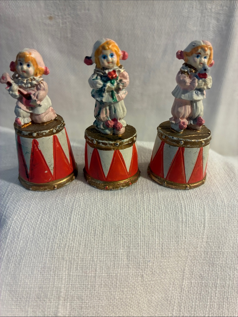 Vintage Enesco  Porcelain Clown Figurines Thimbles on Red Drum Bases - Set of 3